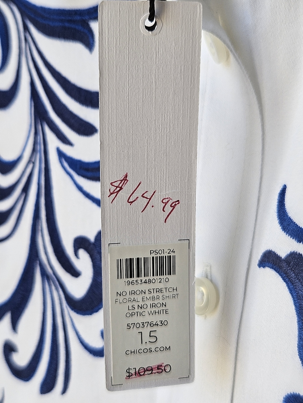 Chico's White Dress Shirt with Navy Blue Embroidered Flourish - Picture 4 of 7